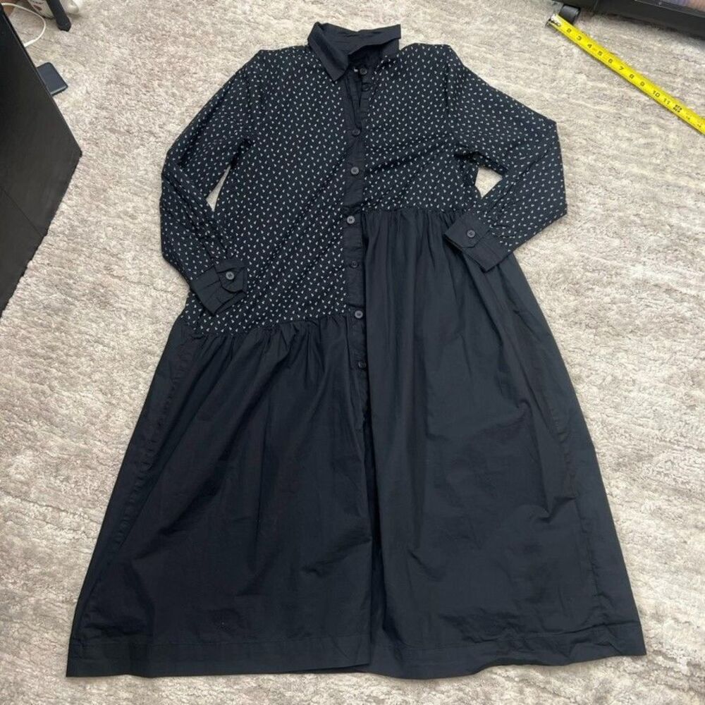 Baci Cotton Mixed Print Button Front Lagenlook Black Midi Shirtdress Womens S